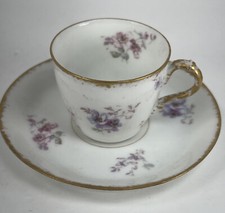 ANTIQUE FRENCH LIMOGES DEMITASSE CUP AND SAUCER WHITE Floral GOLD picture