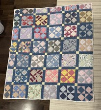Vintage Early Grid Patchwork Crazy Quilt 62x75 “Ski Lodge. No Credit. No Refund” picture