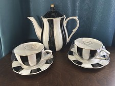Grace Teaware Black and White Scallop Fine Porcelain Tea Set Beetle Stripe NEW picture