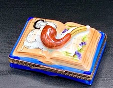 Authentic Chamart Limoges Peint Main Book & Pipe Trinket Box Hand Painted France picture