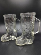 Vintage 70s Set Clear Glass Cowboy Boot Mugs Western  Embellished Cowgirl 6