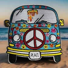HUGE Hippie Peace Van Embroidered Iron-On Patch Vintage Style CA Surf Life picture