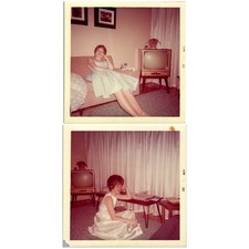 1963 Photograph Pair Woman Midcentury Living Room TV Kodak Snapshot 60s picture