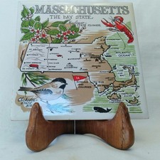 Vintage Mid-Century Massachusetts Map Souvenir Tile Chickadee Mayflower Trivet picture