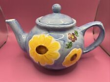 Natural Wonders Tea Pot Sunflowers Ceramic Blue Yellow 80s Hand Painted VTG C&R picture
