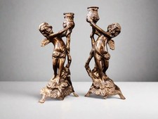 Vintage French Bronze Cherub Statues Pair Heavy Winged Putti Angel Candle Holder picture