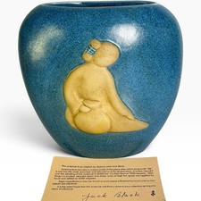 Vintage 1987 Jack Black Studio Pottery Vase Native American 3D Relief Blue 8.5
