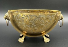 Vintage Oblong Etched Brass Jardiniere Footed Planter Holder Lion Head Handles picture