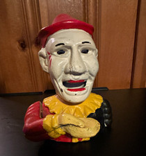 Vintage Cast Iron Character Mechanical Bank Figural Man Bust Red Hat Collar picture
