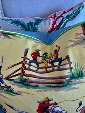 1940’s Rodeo Life Giddy Up Cowboy Western Barkcloth Pillow Cover Vintage Fabric picture