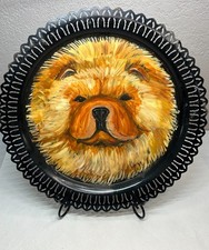 Vintage Original Hand-Painted Chow Chow Dog Portrait on Black Metal Tray picture