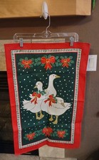 VTG Irish Linen Tea Towel Holly Geese Christmas Red Green Bow 80s CottageCore picture