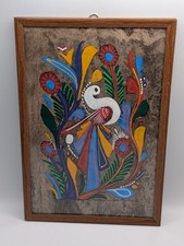 Vintage Mexican FolkArt Gouache Painting Birds & Flowers Framed 10.5x,7.5
