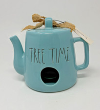 New Rae Dunn Teapot Birdhouse Tree Time Turquoise Aqua Burlap Bow Ceramic NWT picture