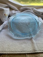 Vintage 1930-1936 Glass Cake Plate Footed with Tab Handle Blue Mayfair Open Rose picture