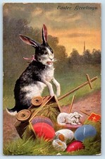 c1910's Easter Greetings Crying Rabbit Wagon With Eggs Fell Off Antique Postcard picture
