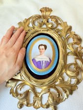 French Sevres Style  Portrait Porcelain Plaque Metal Frame Turquoise  picture