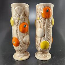JAPAN Majolica Style Vases Off White Lettuce Citrus Orange Lemon 7 Inch picture