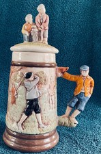 VINTAGE LARGE BEERSTEIN WITH 3D PLAYERS WITH LID IVORY HANDPAINTED 10.5