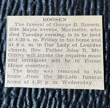 Obituary George B Roosen Marinette Funeral Notice Menominee Herald Leader 1936 picture