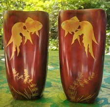 Pair Of Handpainted Japanese Vintage Porcelain Lacquerware Vases, With Koyfish picture