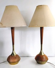 Vintage MCM Genie Table Lamps Pair Laurel Style Wood Brass Mid Century Modern picture