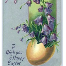 Happy Easter Greetings Purple Flowers Growing from Egg 1908 Postcard Embossed picture