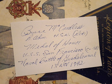 BRUCE McCANDLESS WWII Medal of Honor USS San Francisco Signed 3x5 Card Scarce picture