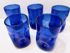 Vintage Blenko Glass Cobalt Blue Dimpled Tumblers Glasses Lot Of Five 4.5