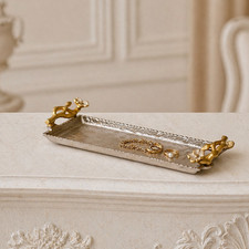 Metal Decorative Tray Gold Silver Color Jewelry Vanity Tray Floral Handle 11'' picture