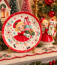 SHOPPING Girl Vintage Holt Howard Inspired 1950s Christmas Plate 50s Pixie Xmas picture