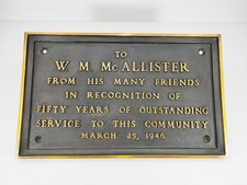 Antique 1946 Cast Bronze Presentation Plaque W.M. McAllister Outstanding Service picture