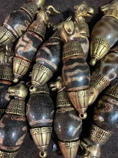 1Set 12Pcs Tibetan Brass 12Aninals Inlay Old Dragon Vein Agate Dzi Bead Pendants picture