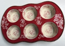 Temptations Temp-Tations Red Floral Lace Brown Trim Texas Muffin Baking Pan Oven picture
