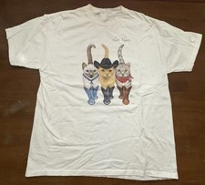 Vintage Cat Cowboys White Funny Graphic T-shirt 90s Nature Cat Tee picture