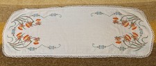 Vintage Hand Embroidered Floral Daffodil Lace Trim Linen Dresser Scarf 36X12” picture