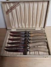 Rare Vintage Kirk's Sheffield England Deer Antler 6 Steak Knives Original Box picture