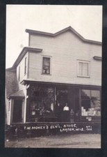 REAL PHOTO LARSEN WISCONSIN GENERAL STORE MONEY'S ADVERTISING POSTCARD COPY picture