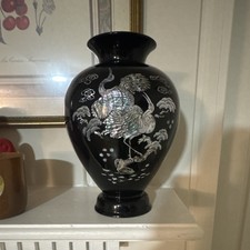 Vintage Korean Mother of Pearl Inlay Black Lacquer Crane Vase Najeonchilgi picture