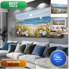 KELIYUAN Large Vintage Landscape Painting Home Decor Blue Ocean Beach Painting picture