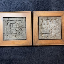 Pair Vintage Borobudur Temple Volcanic Stone Relief Panels Framed Javanese Art picture