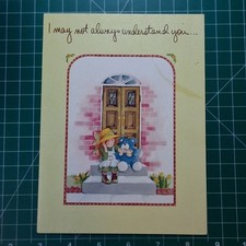 Vintage Cartoon Little Girl and Blue Teddy Bear on Step Greeting Card, USED picture
