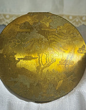 Stratton Vintage Large Flapjack Powder Compact 4 Inch Chinoiserie Scene Brass  picture