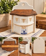Delft Blue Salt Crock Windmill Made In Germany Wood Lid Wall Hanging Cellar EUC picture