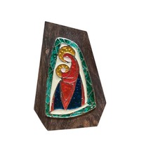 Vintage Italian Enamel Madonna and Child Wood Plaque Stained Glass Style Italy picture