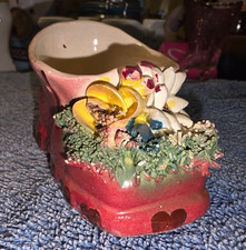 Italy Baby Shoe Ceramic Planter Vase Bootie Floral Red 69/114 Vintage picture