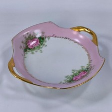 Vintage Japan Porcelain Hand Painted Pink Rose Bonbon Dish Gold Gilt Handles picture