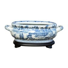Blue and White Porcelain Chinoiserie Foot Bath Planter Willow Landscape Motif picture