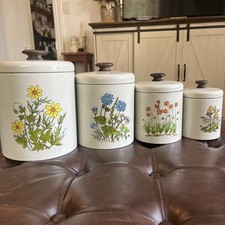 Vintage Rare 70s Ransburg Metal MCM Canister Set Wild Flowers USA Grandmacore picture