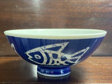Vintage Made in Japan Blue White Porcelain Footed Rice or Soup Bowl 1950s-80s picture